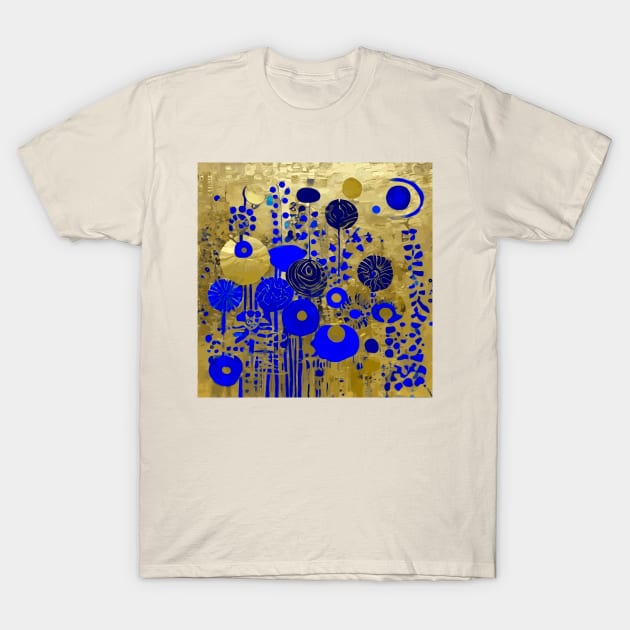 Blue and Gold Abstract Flowers T-Shirt by bragova